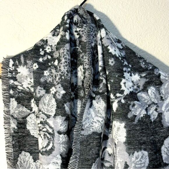 Infinity Scarf Chic Black Gray White Floral Fringe. - Picture 3 of 10